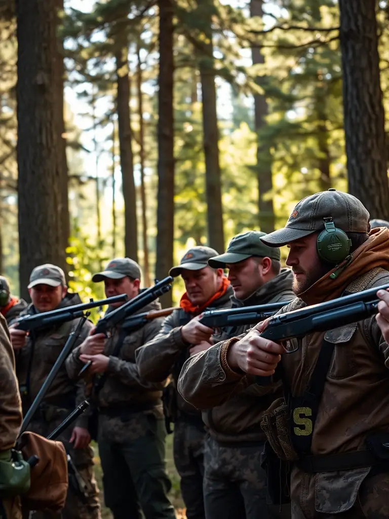 A photograph of a group of hunters participating in a supervised hunting trip in the Plemet region, emphasizing safety and responsible hunting practices.