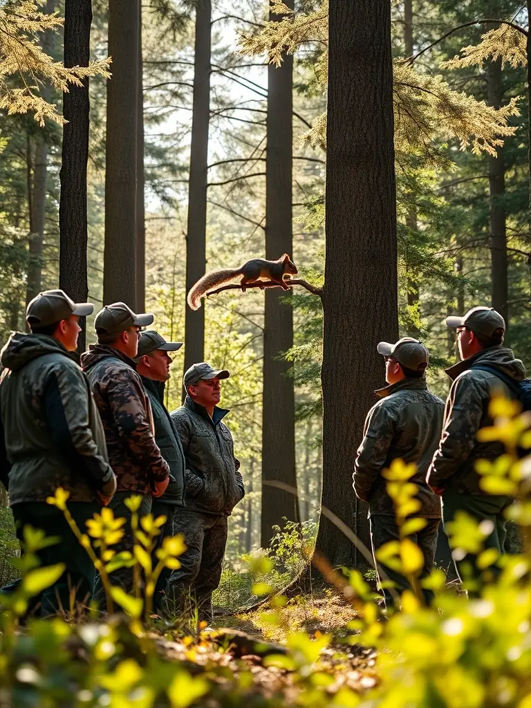 A group of hunters in camouflage gear participating in a controlled hunt in a forest clearing, emphasizing responsible hunting practices and wildlife management.