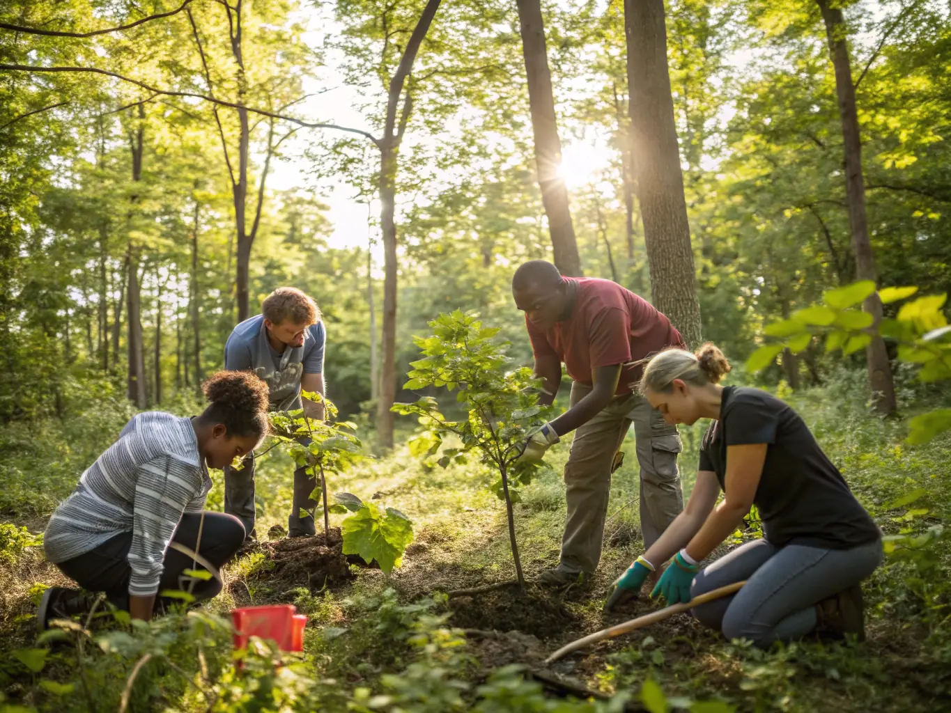 A group of association members participating in a wildlife habitat restoration project, planting trees and clearing invasive species in a local forest.
