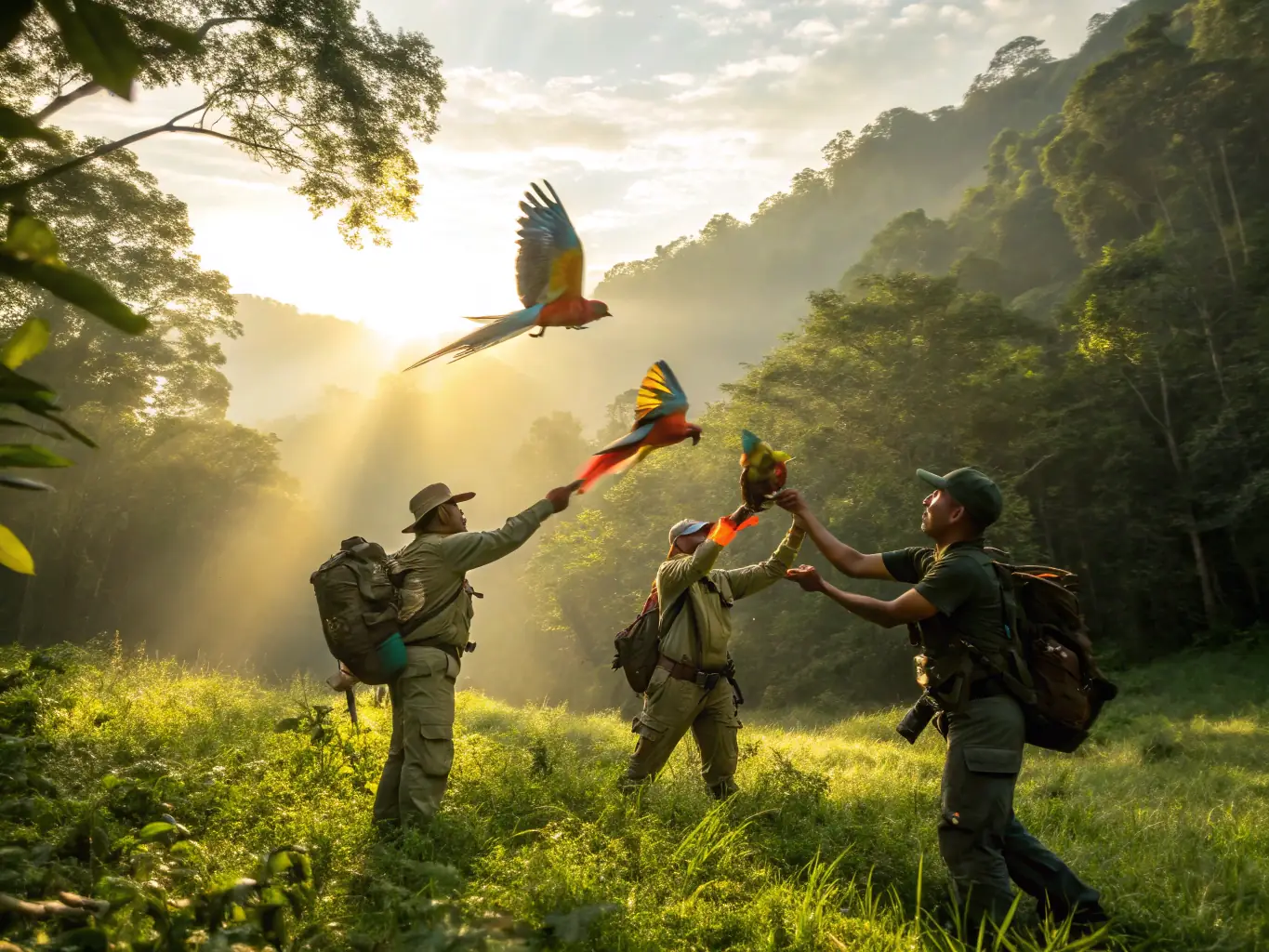 An image showcasing association members releasing a rehabilitated animal back into its natural habitat, symbolizing their commitment to ecological balance.