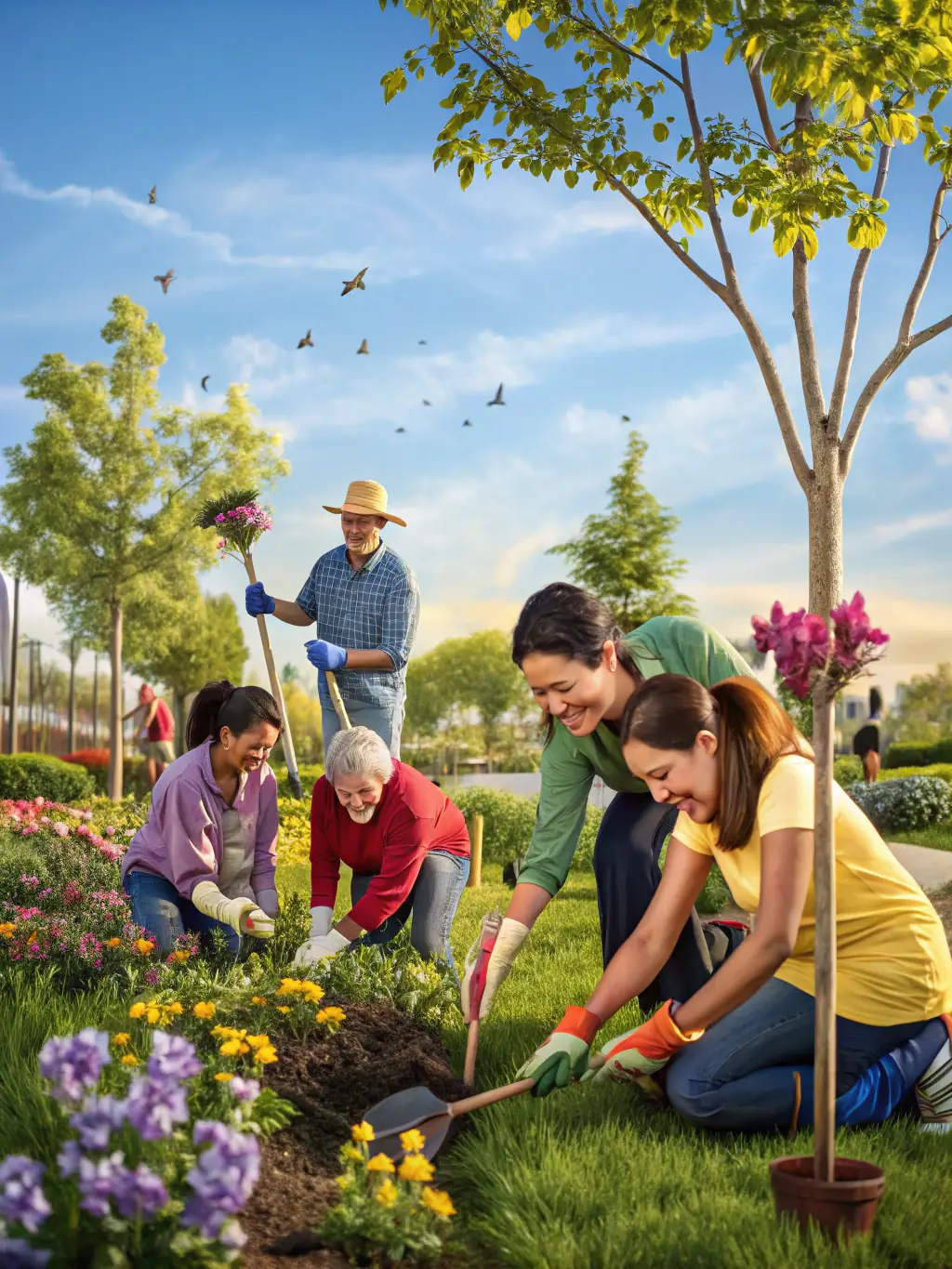 Volunteers planting trees in a deforested area, symbolizing the association's dedication to environmental restoration and community involvement.