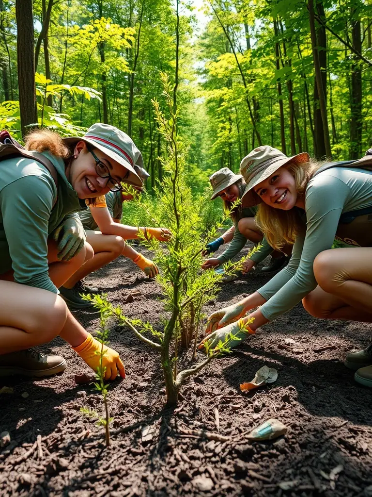Volunteers planting trees and shrubs to enhance wildlife habitat in a designated area near Plemet, demonstrating habitat restoration efforts.