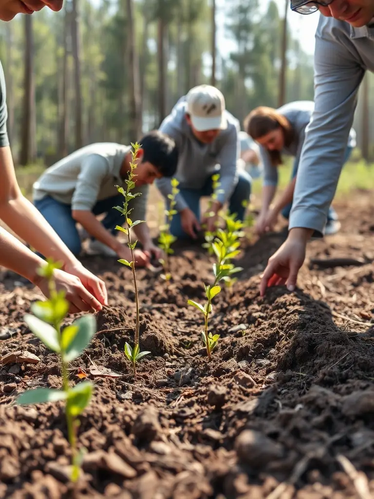 A photograph showcasing a wildlife habitat restoration project in Plemet, with volunteers planting native trees and shrubs.