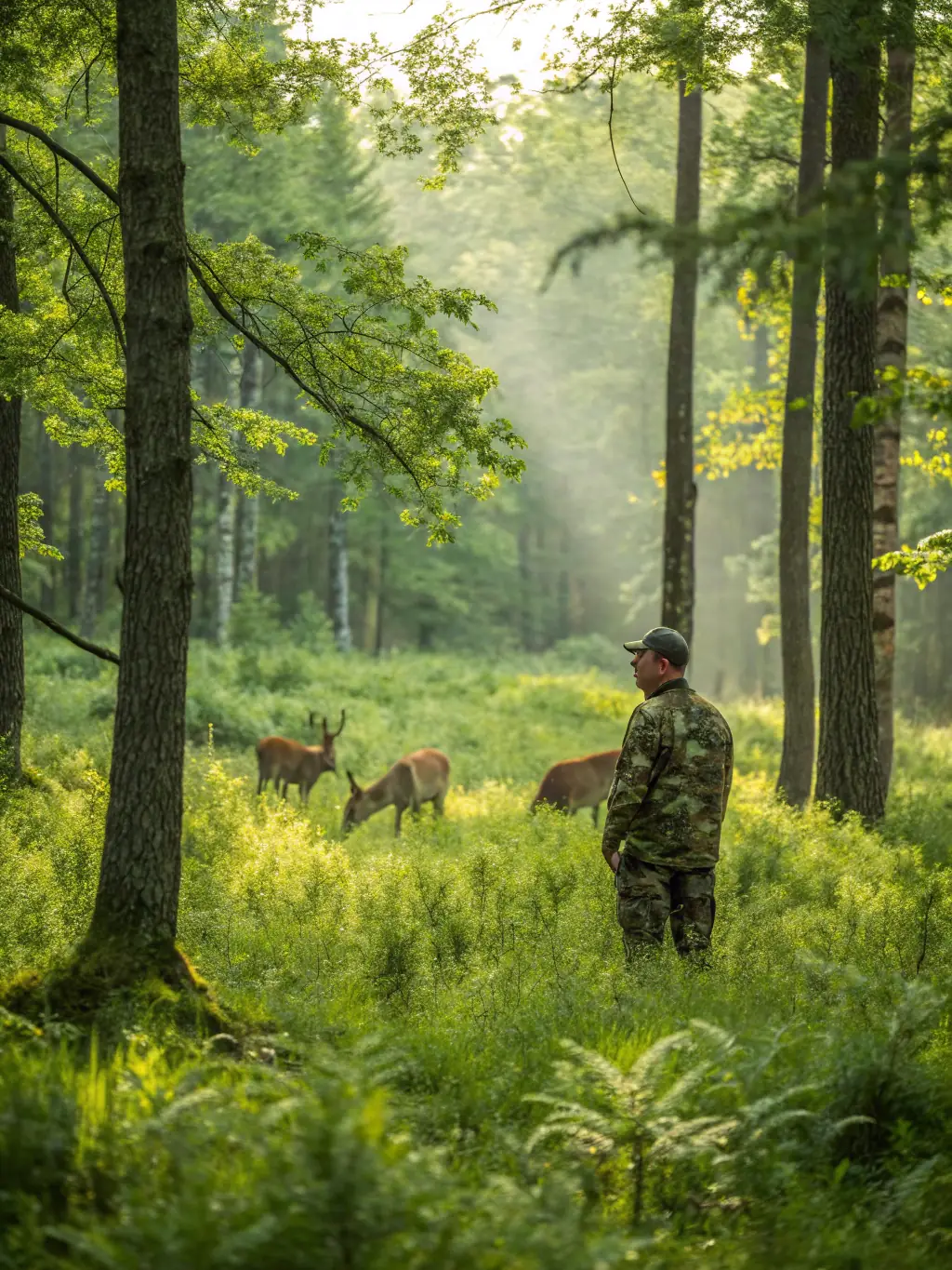 A close-up shot of a wildlife biologist examining a deer in its natural habitat, showcasing the association's commitment to wildlife conservation.